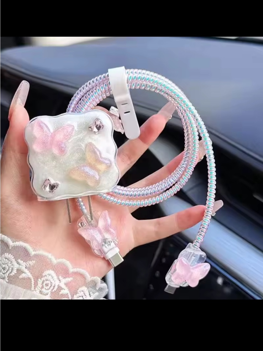 Iridescent Pink Butterfly Phone Charger Cable cover with Decorative Clip.